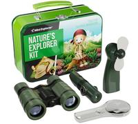 Outdoor Exploration Kit for Kids - Tin Case with Binoculars, Magnifying Glass, Whistle, Hand-Crank Flashlight & Compass - Cute Case for Carrying & Storing - Kids Explorer Kit for Boys - Camping toys