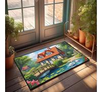 Outdoor Fall Mats For Front Door A Quaint Cottage With A Wooden Bridge Over A Serene Pond, Surrounded By Lush Greenery Doormat Welcome Rugs Front Door Indoor Door Decor(40X60CM)