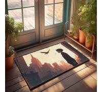 Outdoor Fall Rug City Skyline Silhouette: Man Watching Bird In Urban Sunset Doormat Large Front Door Mat Indoor Indoor Doormat(50X80CM)