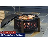 Outdoor Fire Pit Bowl with BBQ Grill Grate 30" Spark Screen Cover 2-in-1