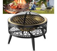 Outdoor Fire Pit, Indoor Charcoal Grill, Multifunction Fire Bowl with Spark Protection Mesh, Iron Bracket & Iron Basin/Stainless Steel Basin