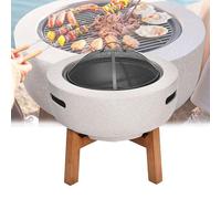 Outdoor Fire Pit - Leisure Courtyard Fire Table with Removable Wooden Frame, Cover, Fire Hook, Grille for Barbecue, Boiling Milk, Roasting Fire, Tea Table