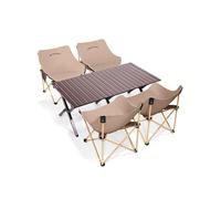 Outdoor Folding Camping Table and Chair Set 120cm Robuster Picnic Table with 4 Chairs Ideal for Garden Terrace BBQ Hiking Travel Indoor Outdoor Use (Khaki)