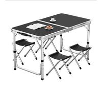 Outdoor Folding Camping Table, with 4 Folding Stool, Expanded Size: 120 X 60 Cm, Height Adjustment: 55-70CM, Aluminum Frame + Waterproof Tabletop, 3-Step Quick Storage,Black