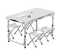 Outdoor Folding Camping Table, with 4 Folding Stool, Expanded Size: 120 X 60 Cm, Height Adjustment: 55-70CM, Aluminum Frame + Waterproof Tabletop, 3-Step Quick Storage,White