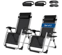 Outdoor Folding Garden Chairs Set of 2, Heavy Duty Zero Gravity Recliners with Drink Holder, Comfortable Sun Loungers for Adults, Black Cushions Included