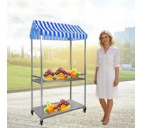 Outdoor Folding Mobile Vendor Cart with Striped Canopy, 2-Tier Rolling Shelf Retail Booth Kiosk, Snack Vending Display for Market, Party, Wedding