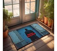 Outdoor Front Door Rug Man In Hat And Coat Standing Before Blue Door With Text 'Beliner Doormat Outdoor Rug Waterproof Funny Bedroom Decor(40X60CM)