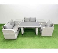 Fimous Rattan Sofa Outdoor Furniture with Dining Table,2 Side Tables,Love Sofa Patio Furniture Light Grey 5 Seater