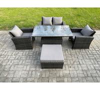 Fimous 5 PCS Outdoor Lounge Sofa Set Wicker PE Rattan Garden Furniture Set with Armchair Squar Coffee Table 2 Small Footstools Dark Grey Mixed
