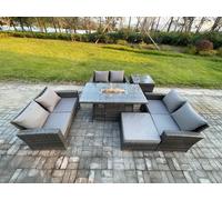 Outdoor Garden Dining Sets 7 Seater Rattan Patio Furniture Sofa Set with Gas Firepit Table Double Seat Sofa Side Table Fimous Dark Grey One Size