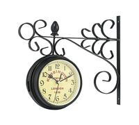 Outdoor Garden Double Sided Wall Clock, Retro Metal Silent Station Clock, Battery Operated Decorative Antique Hanging Clock for Indoor and Outdoor 5 in Beautiful Scenery
