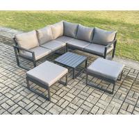 Fimous Outdoor Garden Furniture Set Aluminium Lounge Sofa Square Coffee Table Sets with 2 Big Footstool Indoor Conservatory Set Dark Grey