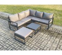 Fimous Outdoor Garden Furniture Set Aluminium Lounge Sofa Square Coffee Table Sets with Big Footstool Indoor Conservatory Set Dark Grey