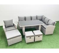 Fimous Outdoor Garden Furniture Sets 10 Seater Wicker Rattan Corner Sofa Sets with Rectangular Dining Table Lounge Sofa 3 Footstools Armchair