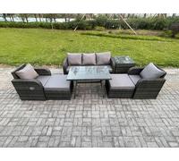 Outdoor Garden Furniture Sets 7 Pieces Wicker Rattan Furniture Sofa Sets with Rectangular Dining Table 2 Big Footstool Fimous Dark Grey One Size