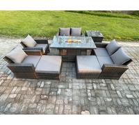 Fimous 8-Piece Wicker Rattan Outdoor Gas Fire Pit Dining Set | Sofa, 2 Footstools, Side Table | Dark Grey