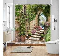Outdoor Garden Shower Curtain Street Architecture Botanical Floral Vintage Old Fashioned Door Rustic Scene Bathroom Decor 75x150cm