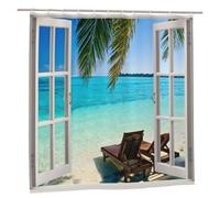 Outdoor Garden Shower Curtain, Summer Beach Palm Tree Ocean Seascape Through White Wooden Windows Tropical Island Blue Green Bath Curtain, Waterproof Bathroom Decor with Hooks, 180X180cm/ 71X71 in