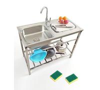 Outdoor Garden Sink, Stainless Steel Freestanding Kitchen Sinks with Faucet/Workbench, Easy to Assemble, Commercial Sink Single Bowl for Restaurant/Hotel/Garage/Laundry/Basement(83x50xH75cm)