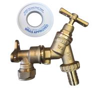 Outdoor Garden Tap c/w Check Valve, 1/2" Hose Union Bib Cock + 15mm x 1/2" Compression Wall Plate Elbow + PTFE Tape Roll