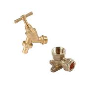 Outdoor Garden Tap Hose Union Bib Tap 1/2inch BSP with Compression Wallplate Elbow, Through The Wall 15mm Copper Tube (Single Bib Tap) (Tap + Compression Wallplate Elbow)