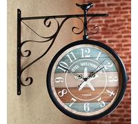 Outdoor Garden Wall Mounted Vintage Clock - Double Sided Industrial Clock with 360° Rotation and Wrought Iron Hanging Bracket