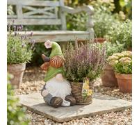 Outdoor Green Hat Gnome Arrangement With Basket - 28Cm Ceramic Pot