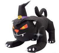 Outdoor Halloween Inflatable Black Cat Decoration 180CM with Witch Hat Featuring Internal Glowing Lights and Ground Anchors