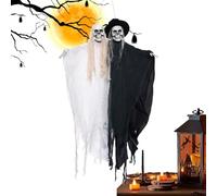Outdoor Halloween Yard Couple Decor - Weatherproof Bride Groom Ghost Figurine | Sound Activated Hanging Ornament with Red Eyes for Garden, Tree, Patio, Ceiling, Lawn, Door Haunted House Decor