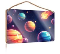 Outdoor Hanging Sign Colorful Planets And Comets In Space Wooden Sign Funny Desk Live Signs Home Décor Store Home Decor(20X30CM)