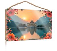 Outdoor Hanging Sign Sunset Reflections At The Lake With Flowers Wooden Sign Signs & Plaques Funny House Signs(15X28CM)