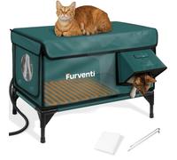 Outdoor Heated Cat House Double Camera Mount, 100% Weatherproof and Extremely Insulated, Raised Wild Cat Shelter with Escape Door, Waterproof Eaves for Outdoor Stray
