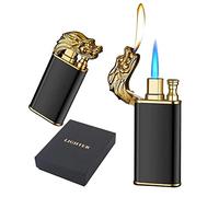 Outdoor Indoor Inflatable Butane Lighter Magic Double Fire Dragon Lighter Dragon Double Fire Lighter Windproof Cool Double Jet Flame Butane Lighter (Color : Nero)