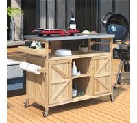 Outdoor Kitchen Island Cart Rolling Bar & Sto Cabinet Solid Wood Grill Table with inless Steel Top Se & Towel Rack Farmhouse Sle for BBQ & Outdoor Entertaining