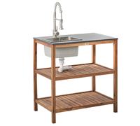 Outdoor Kitchen Island with Sink BRUCOLI Acacia Wood Brown/ Silver