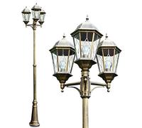 Outdoor light, 3-armed, candelabra in brown/gold, E27, garden lighting made of cast aluminium with glass panes, lantern for outdoor use, path light garden, height 270 cm, vintage design, without bulbs