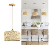 Outdoor Light Hangingp Rattan Illumination Hand-Woven Fixtures with Metale Rattan Basket 11.8"S for Diniroom Lantern Decor Coastal Beach Hangilight for Diniroom Kitchen Island