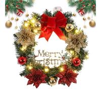 Outdoor Lighted Wreaths for Christmas | 15.75in Christmas Wreaths for Front Door with Red Bow, Colored Balls,Artificial Holiday Wreath, Decorations Garland for Indoor Outdoor Use