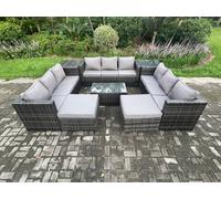 Outdoor Lounge Sofa Set Wicker PE Rattan Garden Furniture Set with Oblong Coffee Table 2 Side Tables 2 Big Footstool 11Seater Fimous Dark Grey One Size