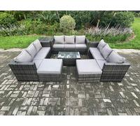 Outdoor Lounge Sofa Set Wicker PE Rattan Garden Furniture Set with Oblong Coffee Table Side Table 2 Big Footstool Dark Grey Mixed Fimous Dark Grey One Size