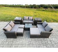 Outdoor Lounge Sofa Set Wicker PE Rattan Garden Furniture Set with Square Coffee Table Double Seat Sofa 3 Footstools Fimous Dark Grey One Size