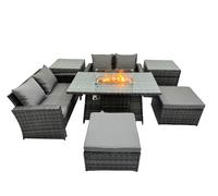 Outdoor Love Sofa Set 6 Seat & Gas Firpit Table 2 Stools 2 Side Table Fimous Dark Grey One Size
