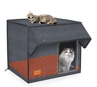 Outdoor Meatl Cat Enclosure House Heated for Outside Winter 100% Waterproof Oxford Tarpaulin with Safe Escape Door 2" Elevated Metal Base with Heater for Feral Barn Cat Kitty 4-Season (26“x14”x14“)