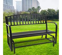 Outdoor Metal Patio Glider Bench - 50” Cast Iron Garden Swing Chair with Cushioned Armrests for Porch, Yard, or Balcony - Stylish Black Entryway Seating