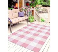 Outdoor Patio Rug 6x9, Washable Pink White Carpet Mat, Geometric Area Runner for RV, Camping, Garden, Beach, Balcony, Pool Deck & Porch Decor