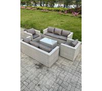 Outdoor PE Rattan Garden Furniture Set Wicker Sofa Set Oblong Coffee Table 2 Armchair Fimous Light Grey One Size