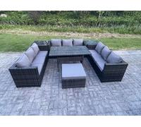 Fimous Outdoor PE Wicker Garden Furniture Rattan Lounge Sofa Set Patio Rectangular Dining Table with Big Footstool 2 Side Table