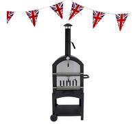 Outdoor Pizza Oven Portable Charcoal BBQ Smoker Pizza Maker Cooker Chimney Vent Temperature Gauge Storage Shelf & Union Jack Bunting 25 Triangle Flags 10m Double Sided FREE Pizza Peel, Stone & Cutter