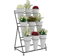 Outdoor Plant Stand 3-Tier Flower Pot Holder with Wheels Metal & Plastic Planters Garden & Terrace Display Rack 74.9cm Tall Black Iron Ideal for Living Room & Patio